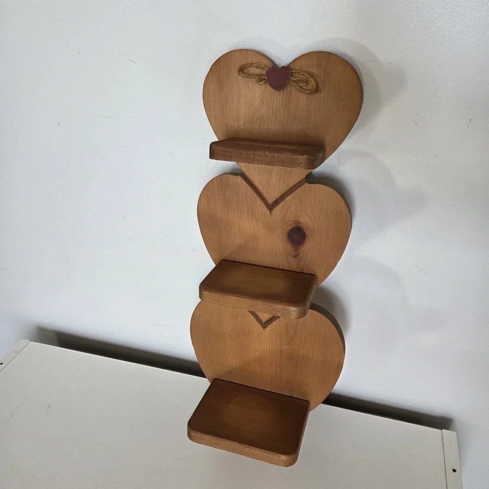 Vtg Wood 3 Tier Heart Shaped Wall Hanging Display Shelf Farmhouse Country 21